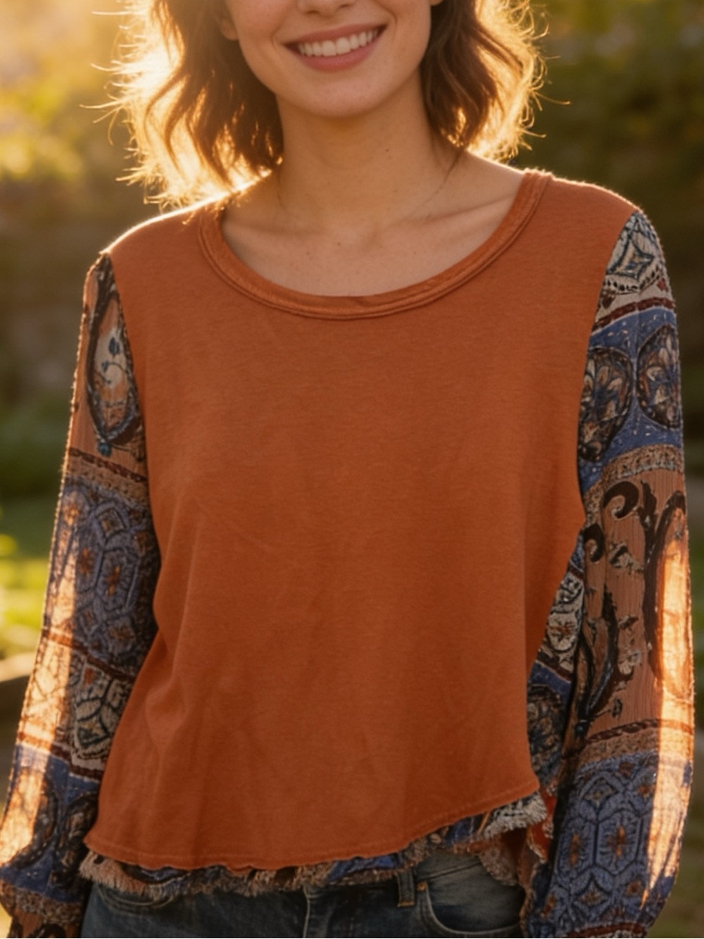 Umgee Rust Long-Sleeve Tee with Patterned Contrast Sleeves